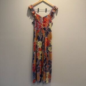 Angie Tropical Floral Maxi Dress Ruffle Strap Crochet Trim Boho Cottagecore M